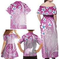 Polynesian Jellyfish Family Matching Off Shoulder Maxi Dress and Hawaiian Shirt With Plumeria Pink