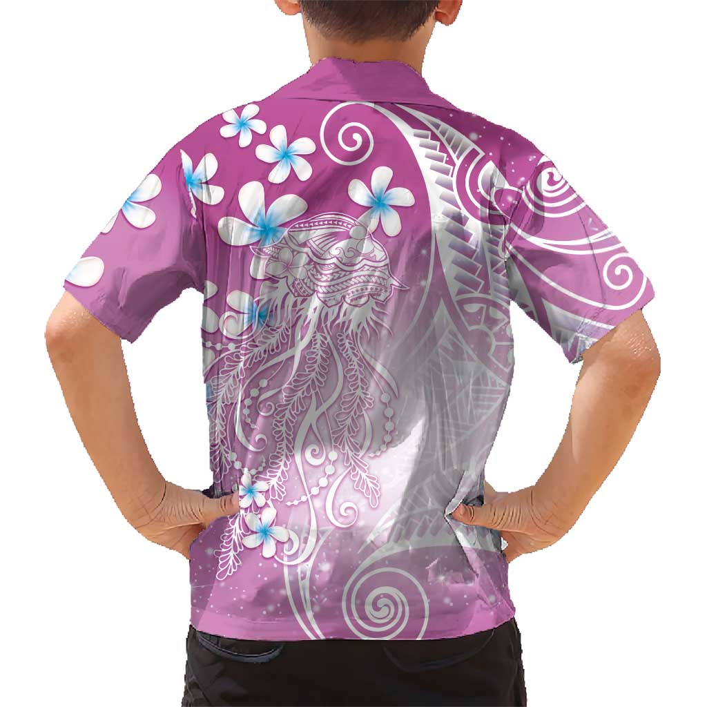 Polynesian Jellyfish Family Matching Off Shoulder Short Dress and Hawaiian Shirt With Plumeria Pink