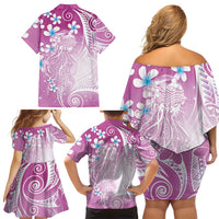 Polynesian Jellyfish Family Matching Off Shoulder Short Dress and Hawaiian Shirt With Plumeria Pink