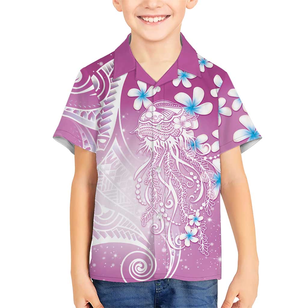 Polynesian Jellyfish Family Matching Off Shoulder Short Dress and Hawaiian Shirt With Plumeria Pink