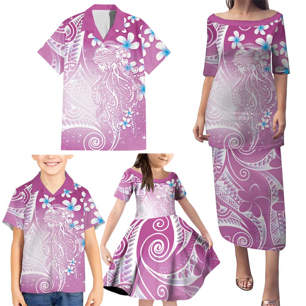 Polynesian Jellyfish Family Matching Puletasi and Hawaiian Shirt With Plumeria Pink LT05 - Polynesian Pride