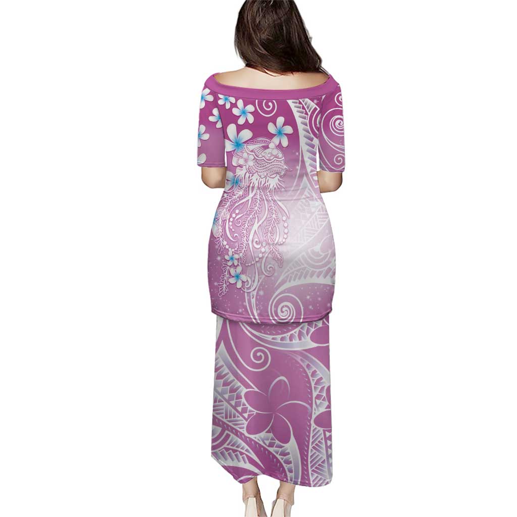 Polynesian Jellyfish Family Matching Puletasi and Hawaiian Shirt With Plumeria Pink