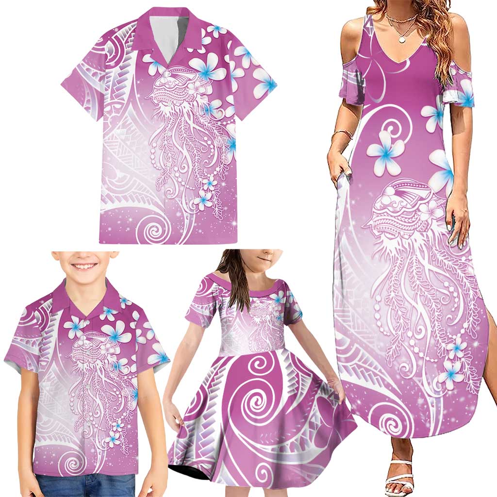 Polynesian Jellyfish Family Matching Summer Maxi Dress and Hawaiian Shirt With Plumeria Pink