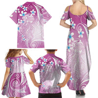 Polynesian Jellyfish Family Matching Summer Maxi Dress and Hawaiian Shirt With Plumeria Pink