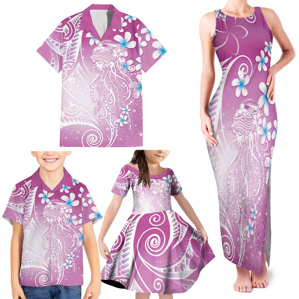 Polynesian Jellyfish Family Matching Tank Maxi Dress and Hawaiian Shirt With Plumeria Pink