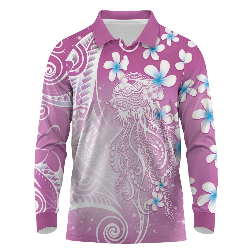 Polynesian Jellyfish Long Sleeve Polo Shirt With Plumeria Pink LT05 Pink - Polynesian Pride