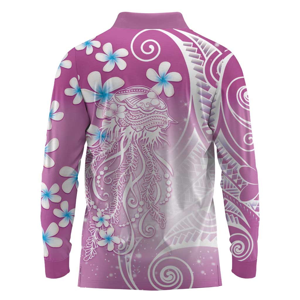 Polynesian Jellyfish Long Sleeve Polo Shirt With Plumeria Pink LT05 - Polynesian Pride
