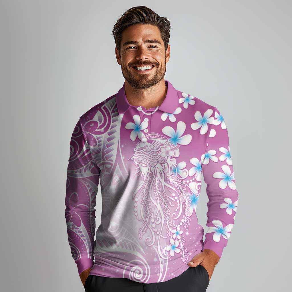 Polynesian Jellyfish Long Sleeve Polo Shirt With Plumeria Pink LT05 - Polynesian Pride