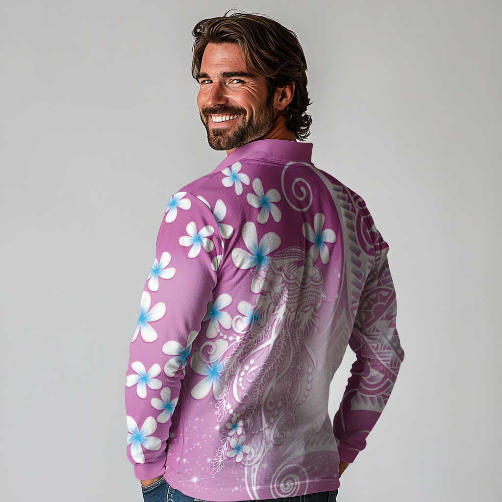 Polynesian Jellyfish Long Sleeve Polo Shirt With Plumeria Pink LT05 - Polynesian Pride