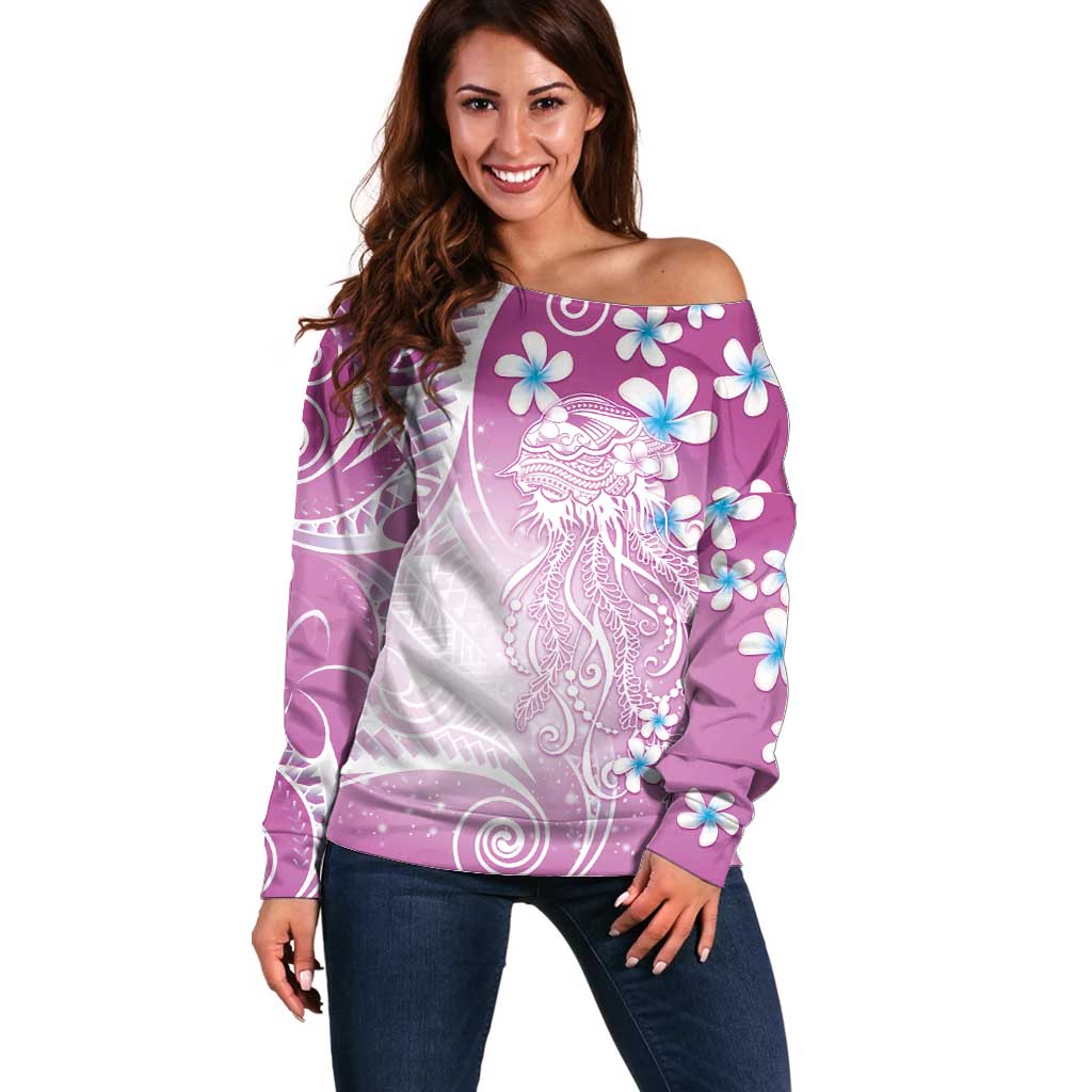 Polynesian Jellyfish Off Shoulder Sweater With Plumeria Pink LT05 Women Pink - Polynesian Pride