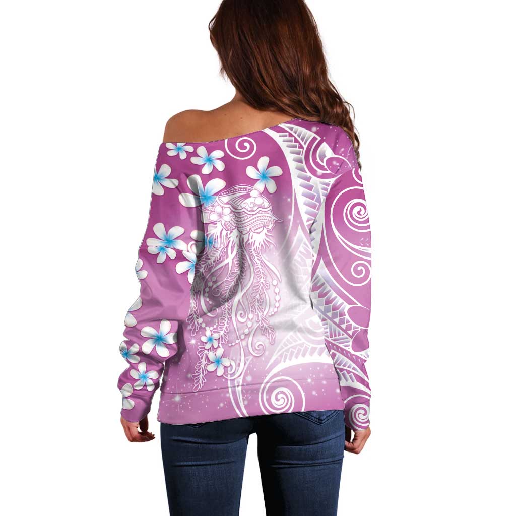 Polynesian Jellyfish Off Shoulder Sweater With Plumeria Pink LT05 - Polynesian Pride