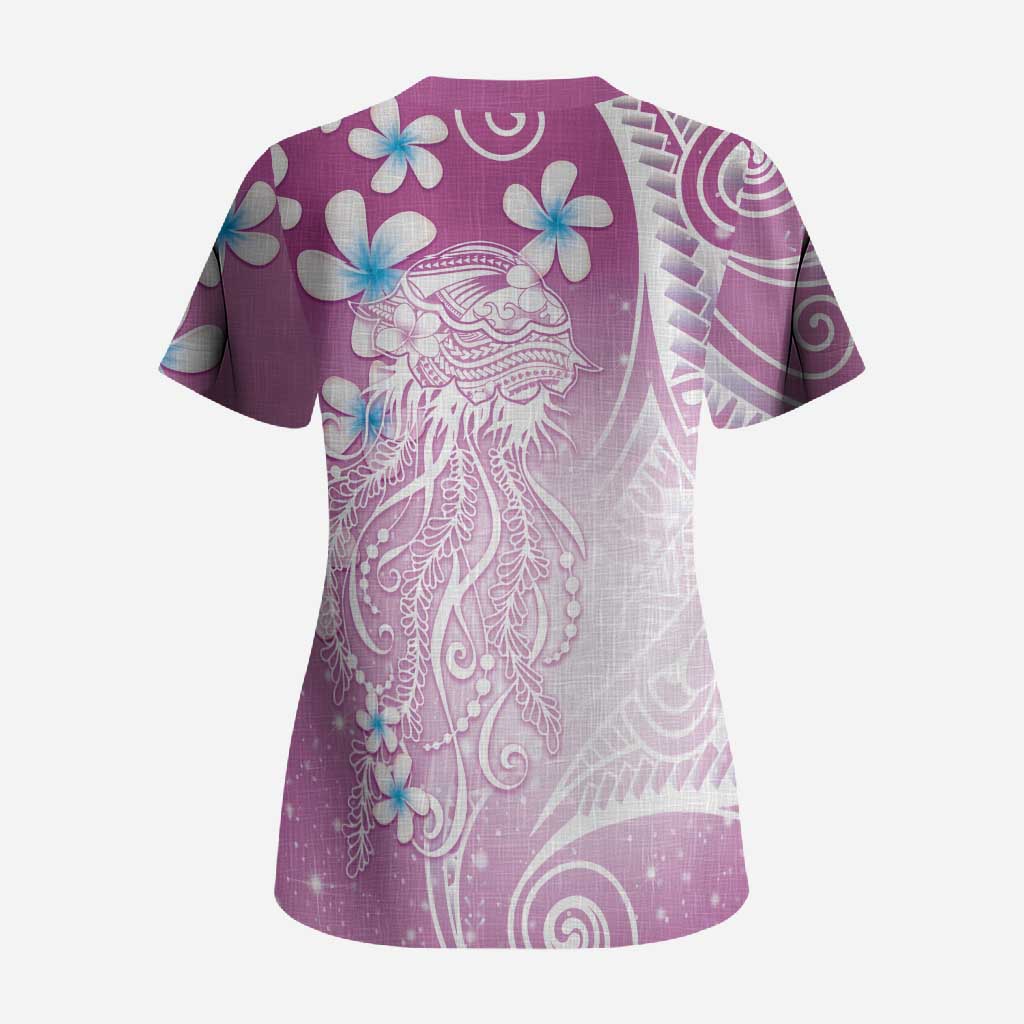 Polynesian Jellyfish Scrub Top With Plumeria Pink LT05 - Polynesian Pride