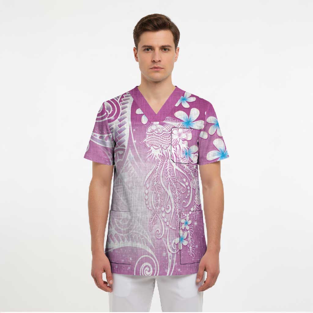 Polynesian Jellyfish Scrub Top With Plumeria Pink LT05 - Polynesian Pride