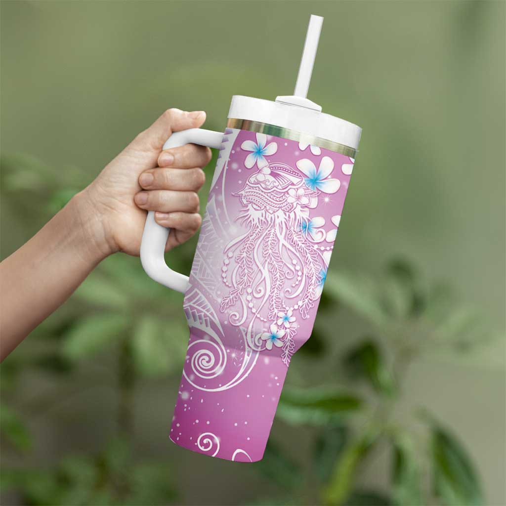 Polynesian Jellyfish Tumbler With Handle With Plumeria Pink LT05 - Polynesian Pride