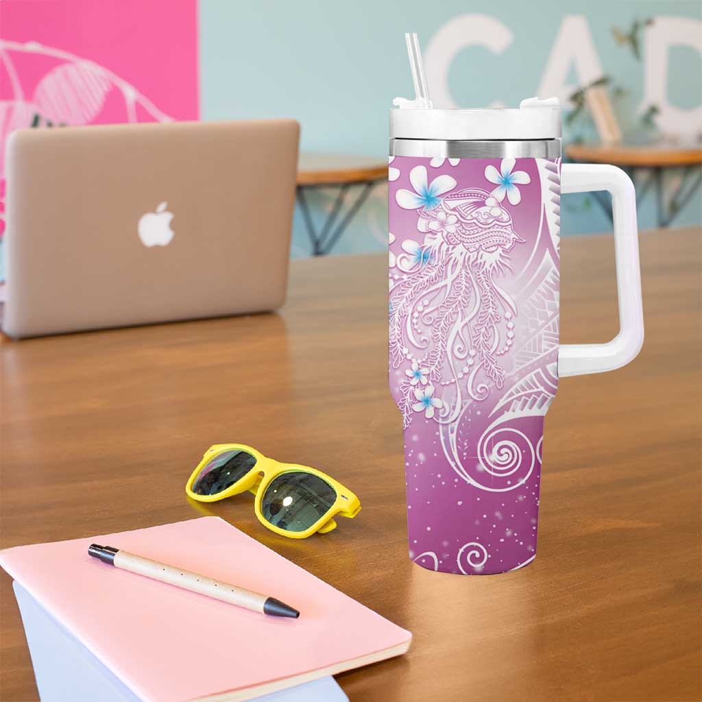 Polynesian Jellyfish Tumbler With Handle With Plumeria Pink LT05 - Polynesian Pride