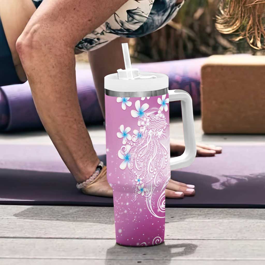 Polynesian Jellyfish Tumbler With Handle With Plumeria Pink LT05 - Polynesian Pride