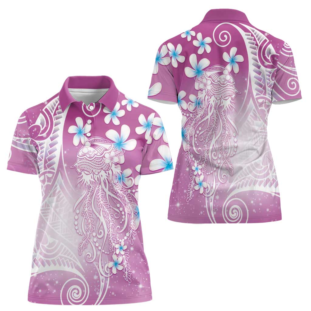 Polynesian Jellyfish Women Polo Shirt With Plumeria Pink LT05 - Polynesian Pride