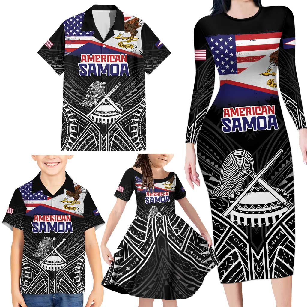 American Samoa Flag Day Family Matching Long Sleeve Bodycon Dress and Hawaiian Shirt Bald Eagle With Polynesian Pattern