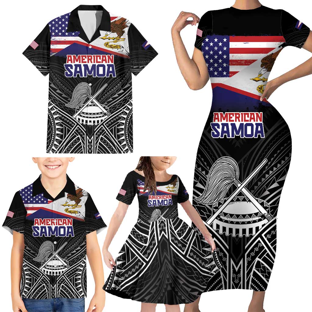 American Samoa Flag Day Family Matching Short Sleeve Bodycon Dress and Hawaiian Shirt Bald Eagle With Polynesian Pattern