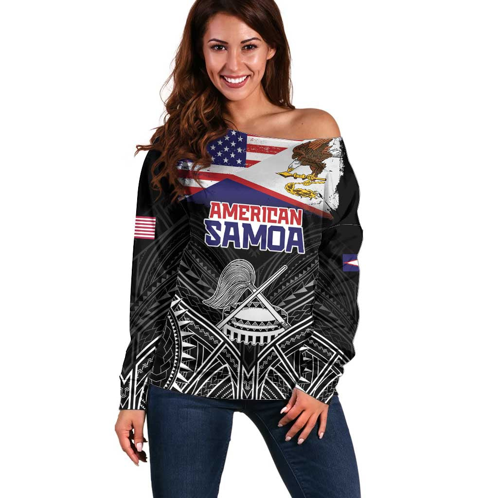 American Samoa Flag Day Off Shoulder Sweater Bald Eagle With Polynesian Pattern