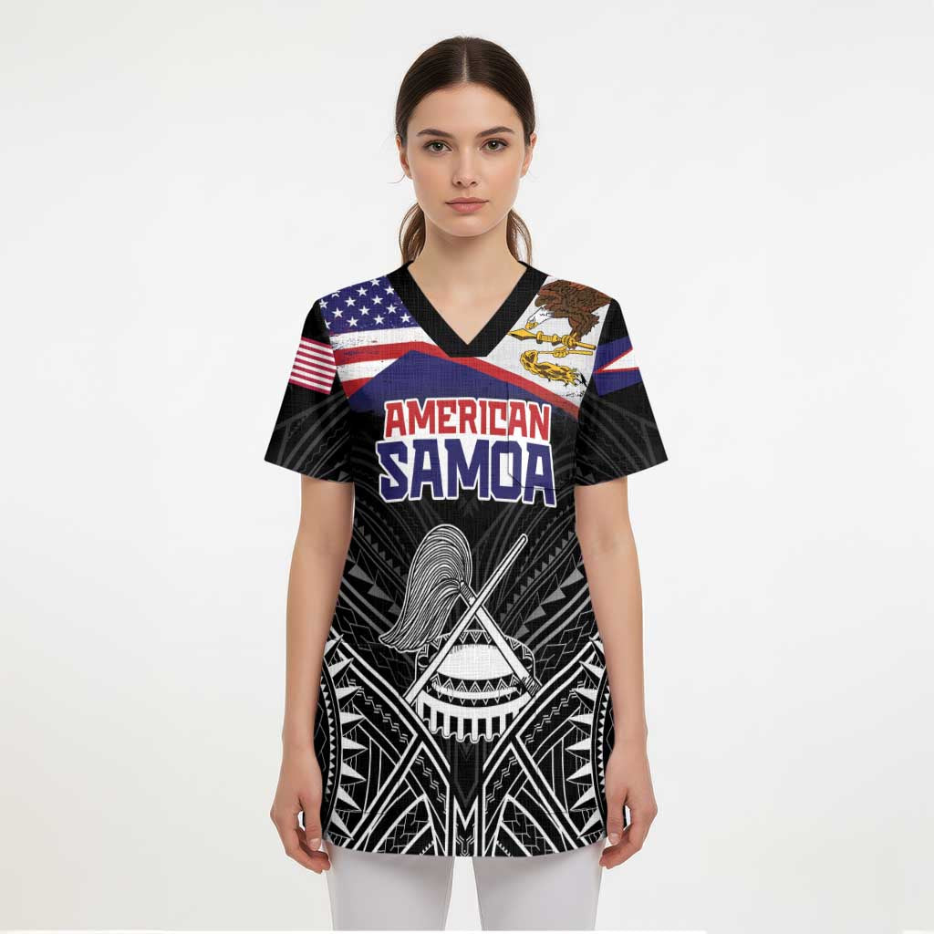 Personalised American Samoa Flag Day Scrub Top Bald Eagle With Polynesian Pattern - Polynesian Pride