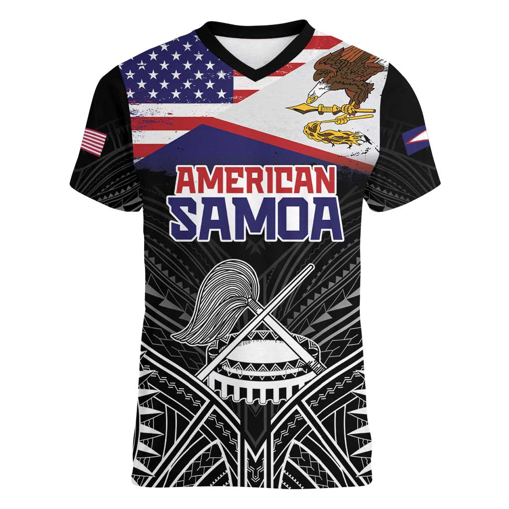 American Samoa Flag Day Women V-Neck T-Shirt Bald Eagle With Polynesian Pattern