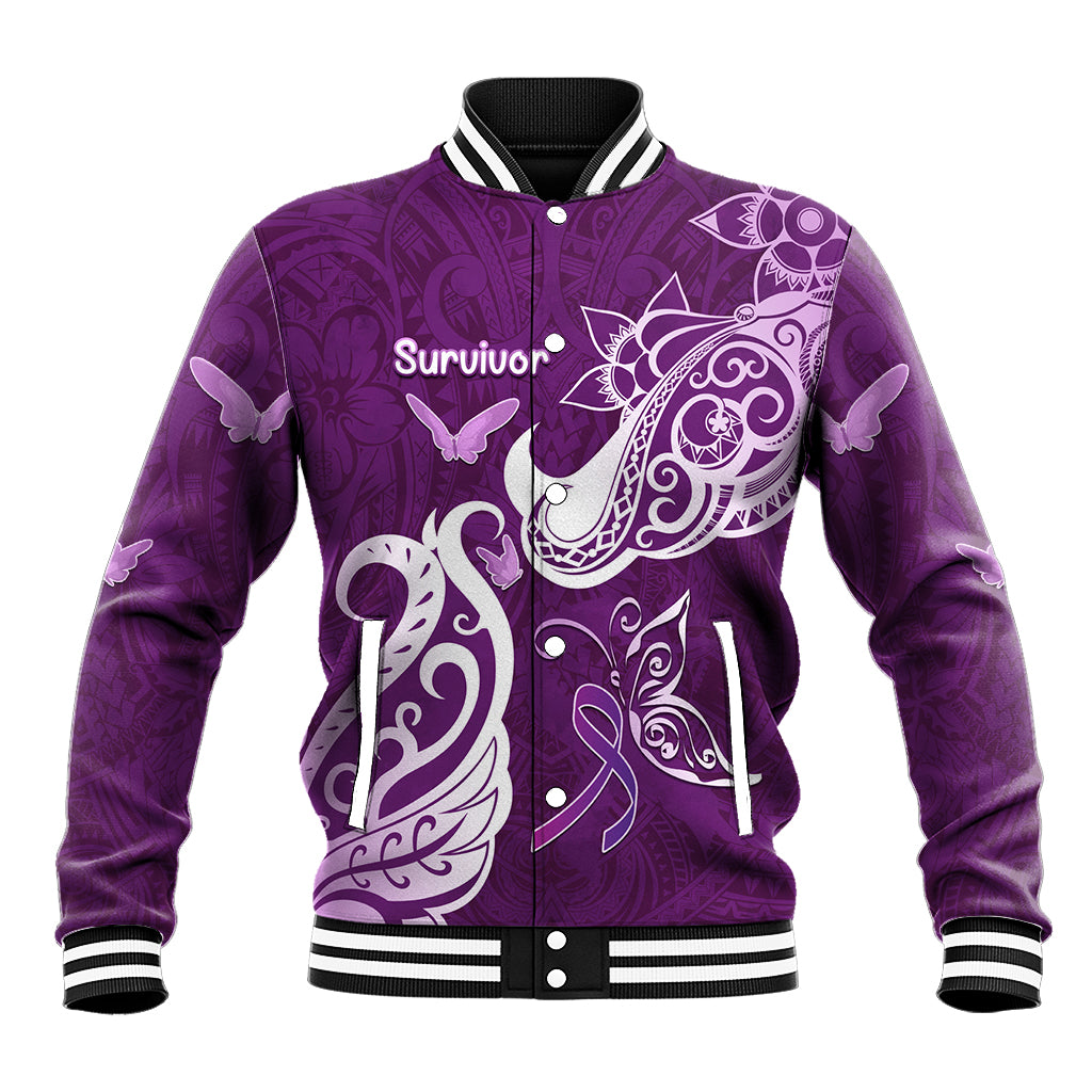 Personalised Fibromyalgia Awareness Baseball Jacket Polynesian Purple Ribbon