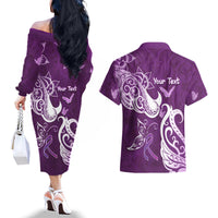 Personalised Fibromyalgia Awareness Couples Matching Off The Shoulder Long Sleeve Dress and Hawaiian Shirt Polynesian Purple Ribbon