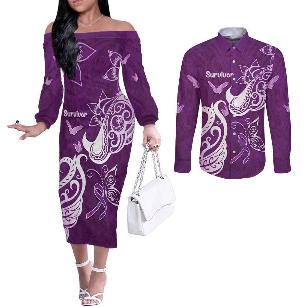 Personalised Fibromyalgia Awareness Couples Matching Off The Shoulder Long Sleeve Dress and Long Sleeve Button Shirt Polynesian Purple Ribbon