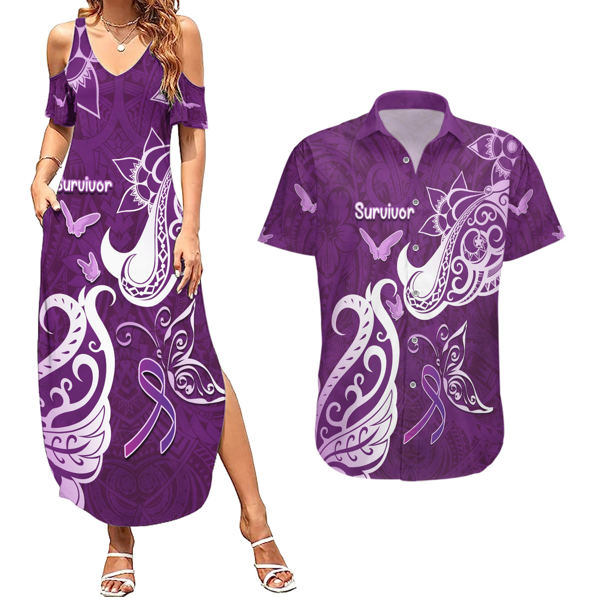 Personalised Fibromyalgia Awareness Couples Matching Summer Maxi Dress and Hawaiian Shirt Polynesian Purple Ribbon