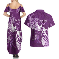 Personalised Fibromyalgia Awareness Couples Matching Summer Maxi Dress and Hawaiian Shirt Polynesian Purple Ribbon