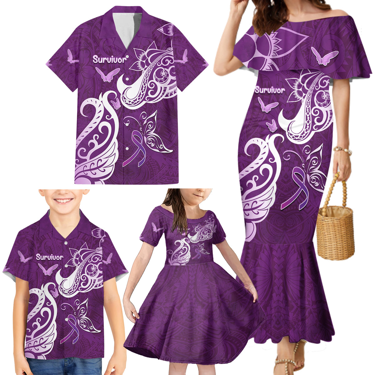 Personalised Fibromyalgia Awareness Family Matching Mermaid Dress and Hawaiian Shirt Polynesian Purple Ribbon