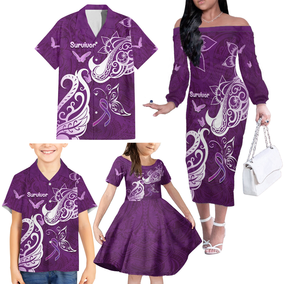 Personalised Fibromyalgia Awareness Family Matching Off The Shoulder Long Sleeve Dress and Hawaiian Shirt Polynesian Purple Ribbon