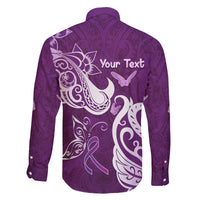Personalised Fibromyalgia Awareness Family Matching Off The Shoulder Long Sleeve Dress and Hawaiian Shirt Polynesian Purple Ribbon