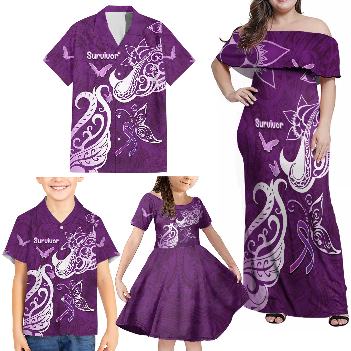 Personalised Fibromyalgia Awareness Family Matching Off Shoulder Maxi Dress and Hawaiian Shirt Polynesian Purple Ribbon