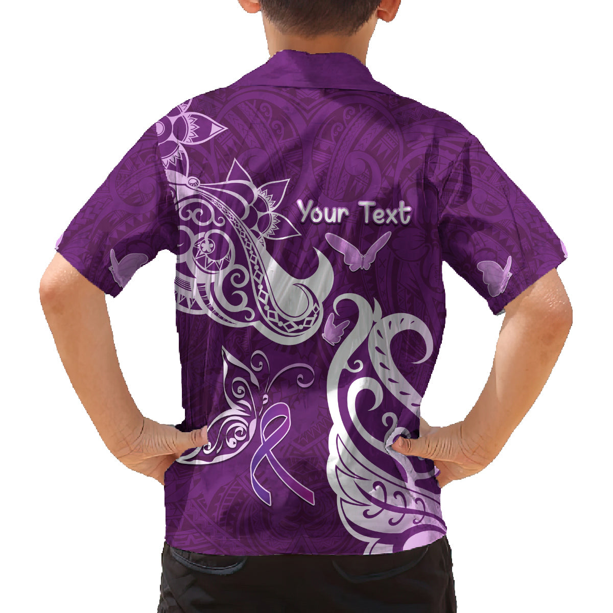 Personalised Fibromyalgia Awareness Family Matching Off Shoulder Short Dress and Hawaiian Shirt Polynesian Purple Ribbon