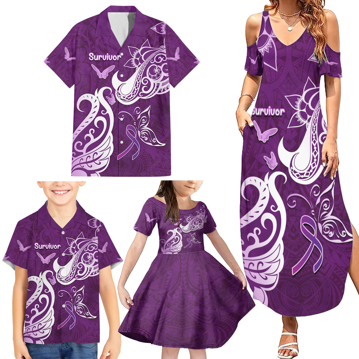 Personalised Fibromyalgia Awareness Family Matching Summer Maxi Dress and Hawaiian Shirt Polynesian Purple Ribbon