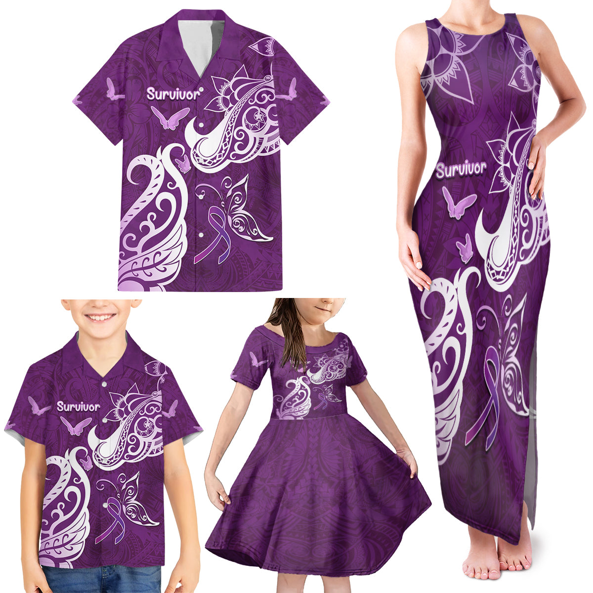 Personalised Fibromyalgia Awareness Family Matching Tank Maxi Dress and Hawaiian Shirt Polynesian Purple Ribbon