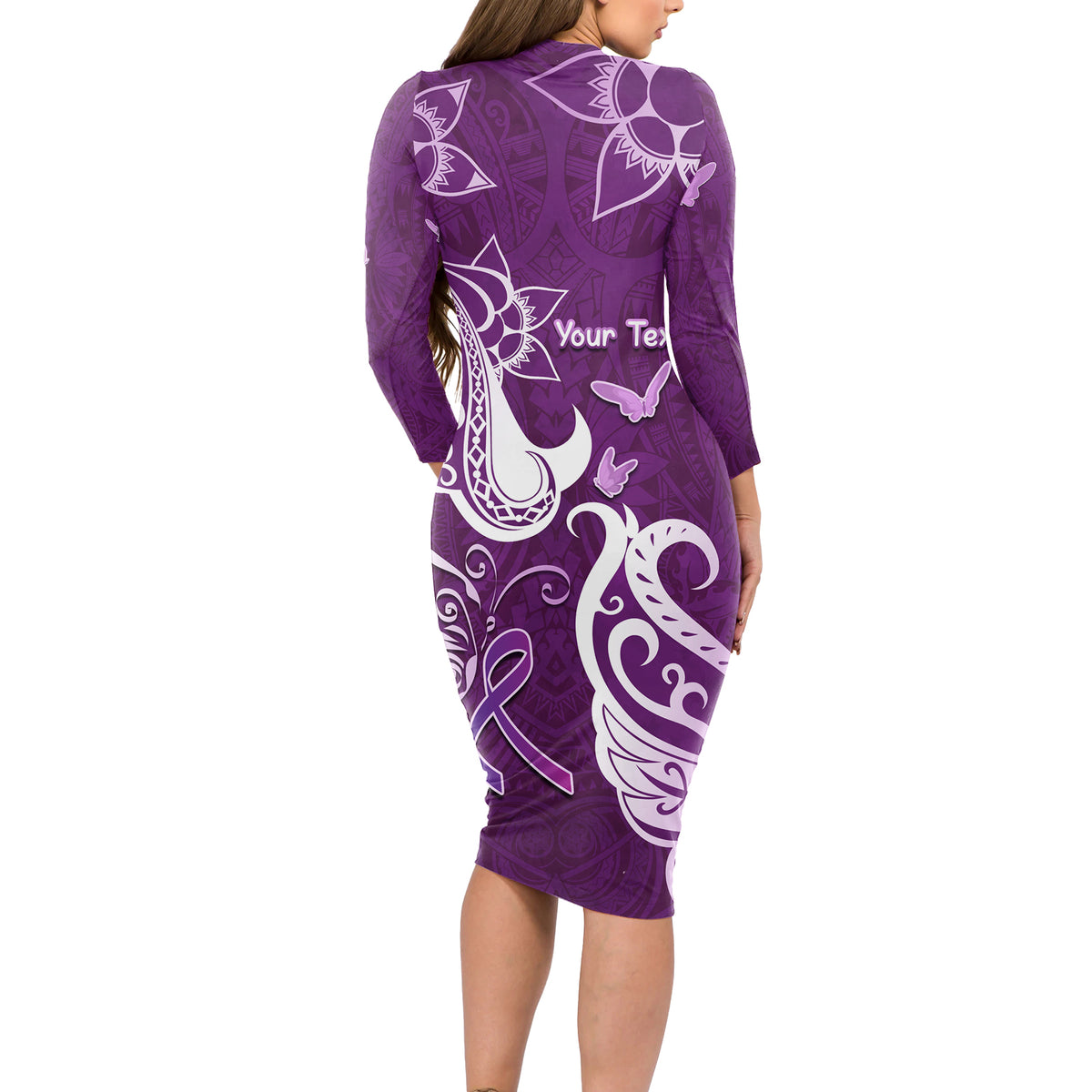 Personalised Fibromyalgia Awareness Long Sleeve Bodycon Dress Polynesian Purple Ribbon