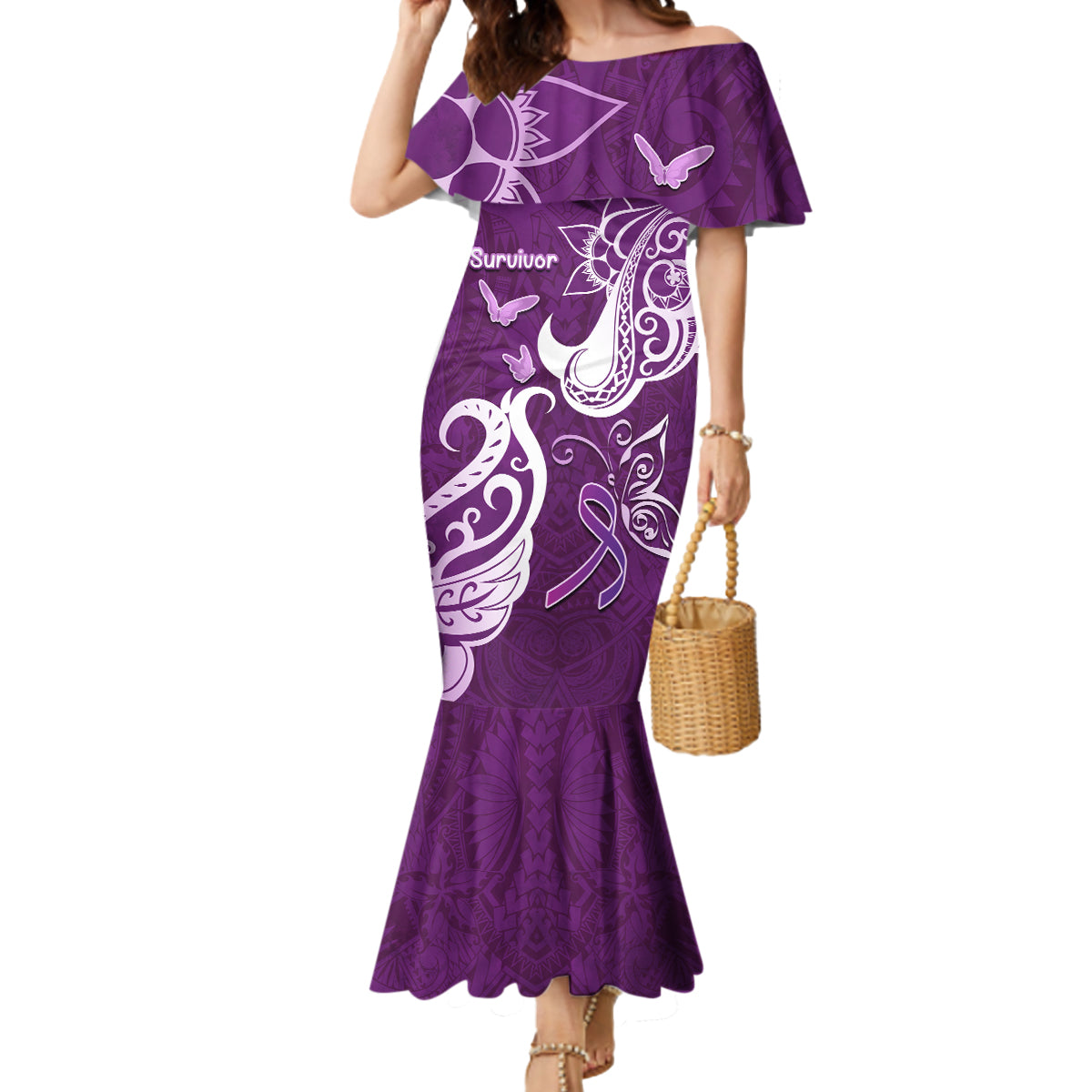 Personalised Fibromyalgia Awareness Mermaid Dress Polynesian Purple Ribbon