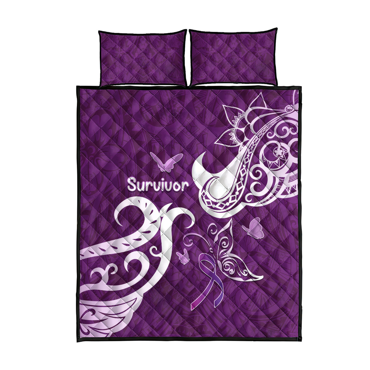Fibromyalgia Awareness Quilt Bed Set Polynesian Purple Ribbon