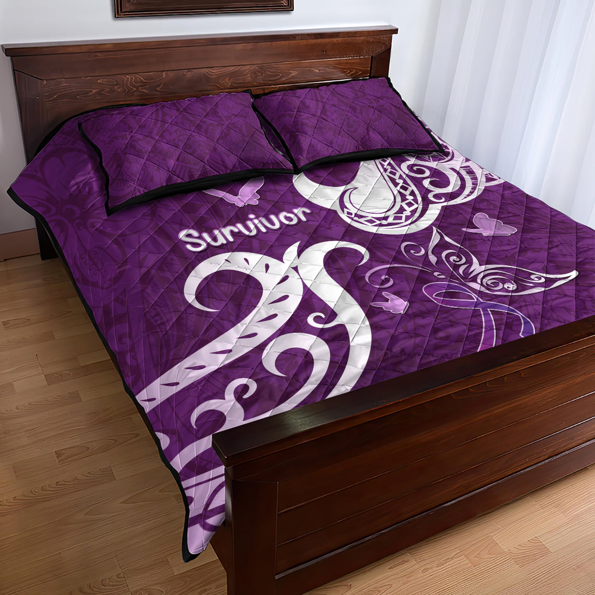 Fibromyalgia Awareness Quilt Bed Set Polynesian Purple Ribbon