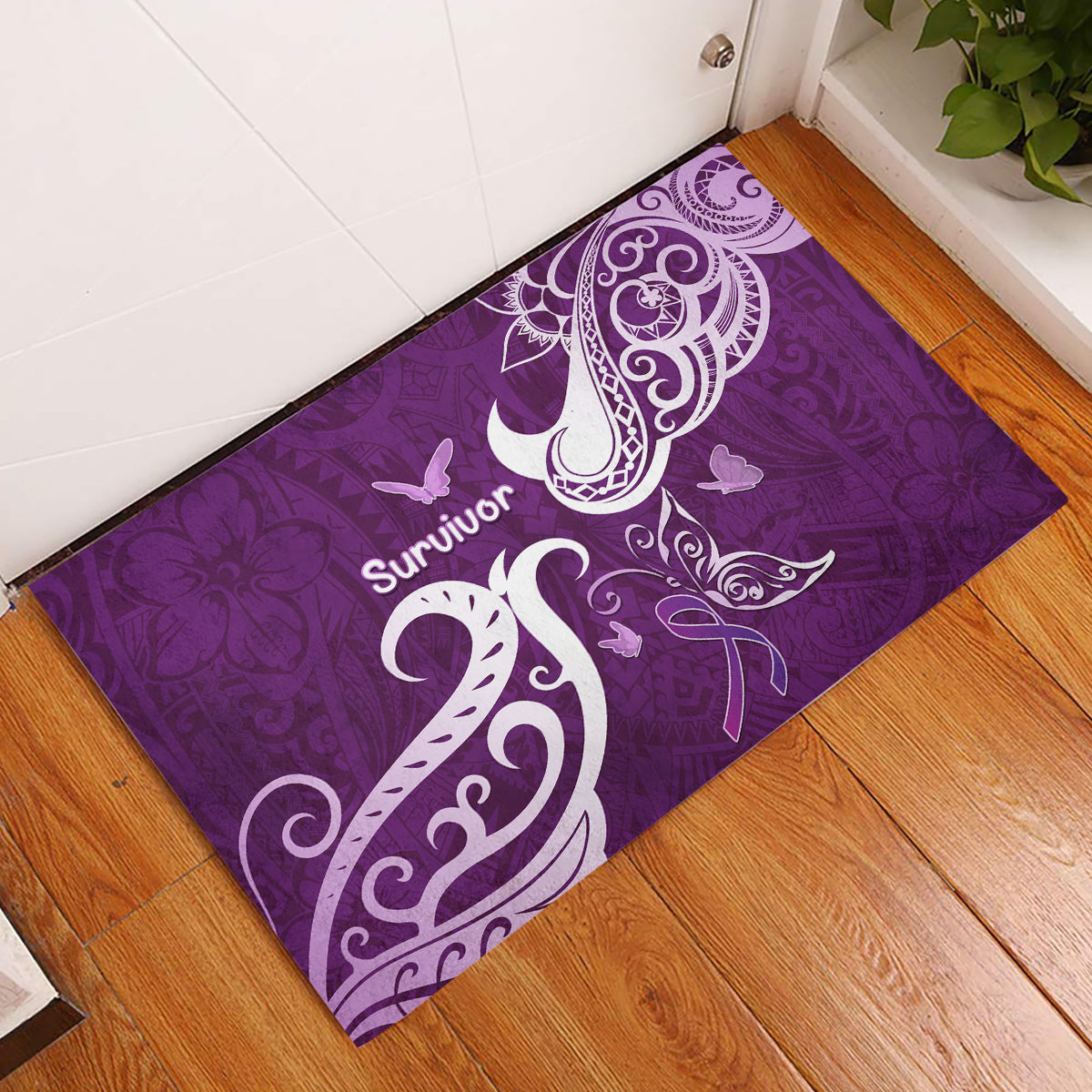Fibromyalgia Awareness Rubber Doormat Polynesian Purple Ribbon