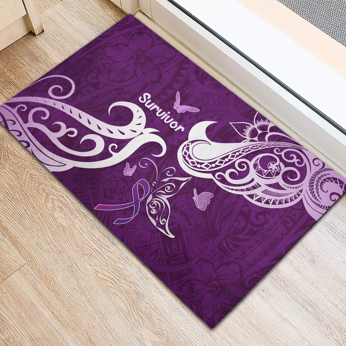 Fibromyalgia Awareness Rubber Doormat Polynesian Purple Ribbon