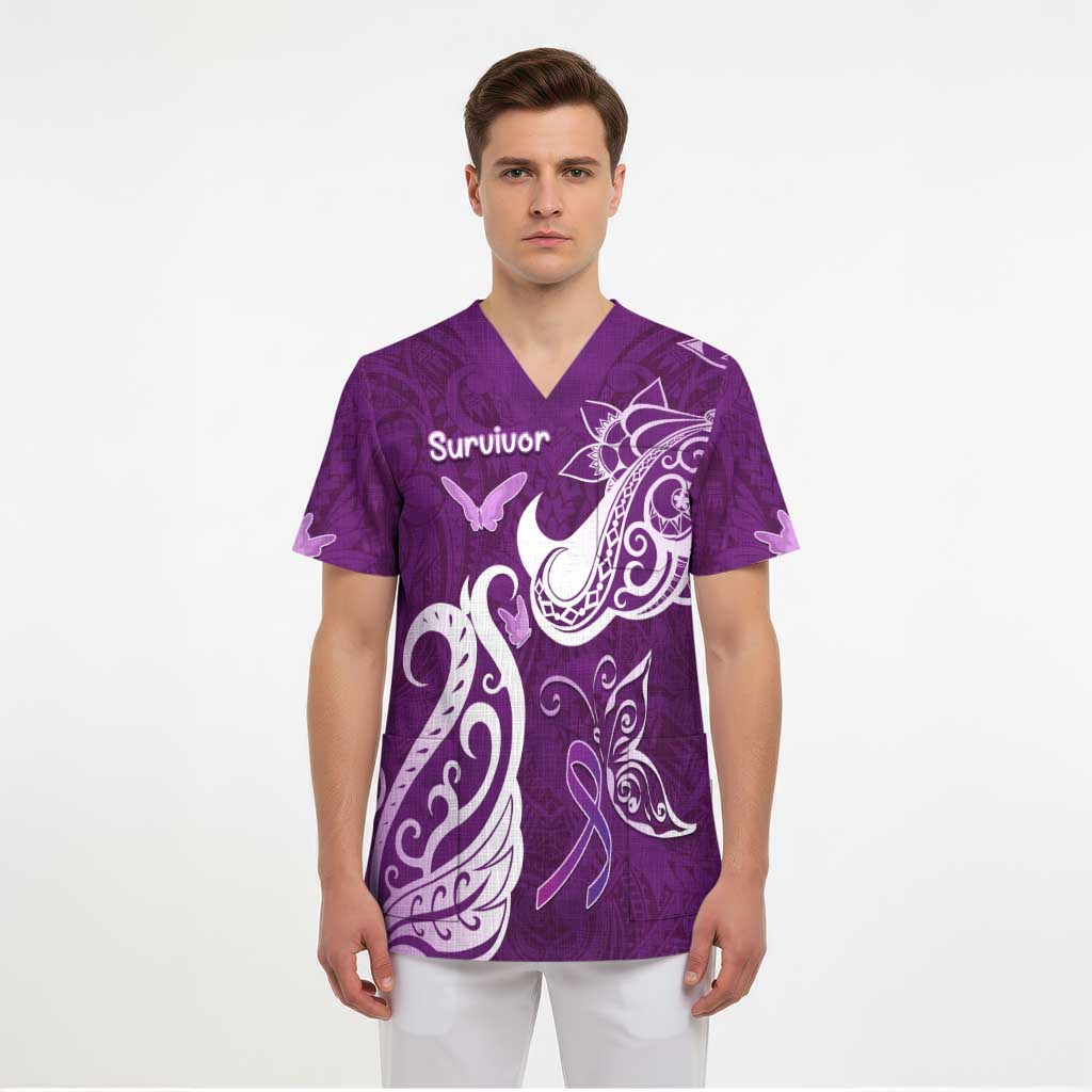 Personalised Fibromyalgia Awareness Scrub Top Polynesian Purple Ribbon - Polynesian Pride