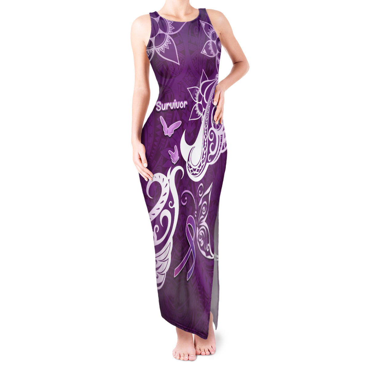 Personalised Fibromyalgia Awareness Tank Maxi Dress Polynesian Purple Ribbon