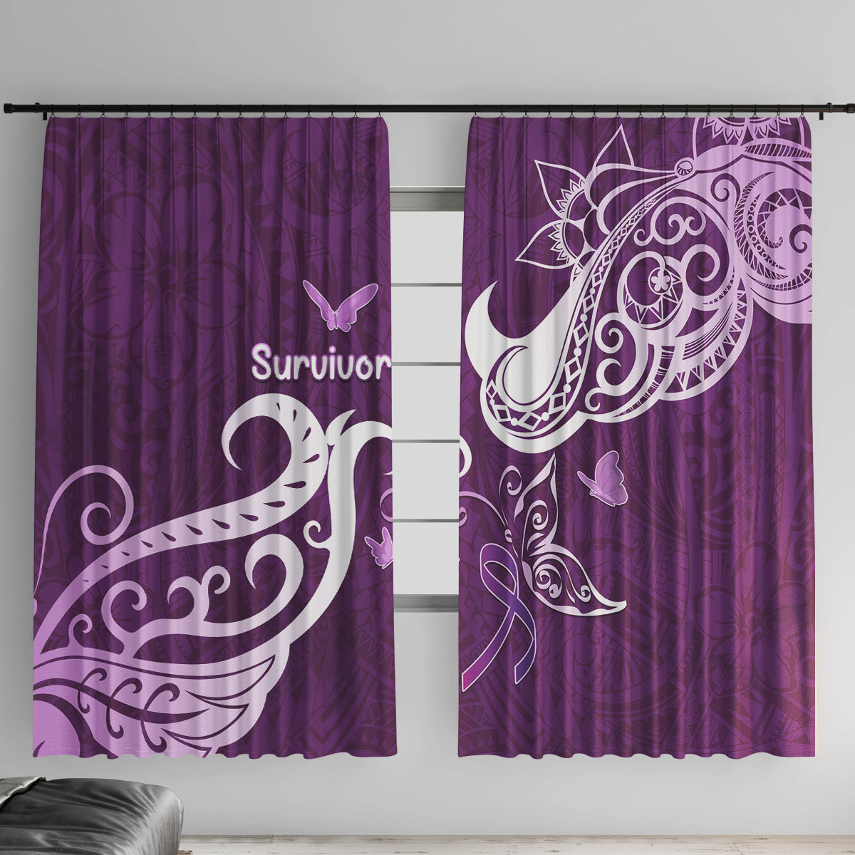 Fibromyalgia Awareness Window Curtain Polynesian Purple Ribbon