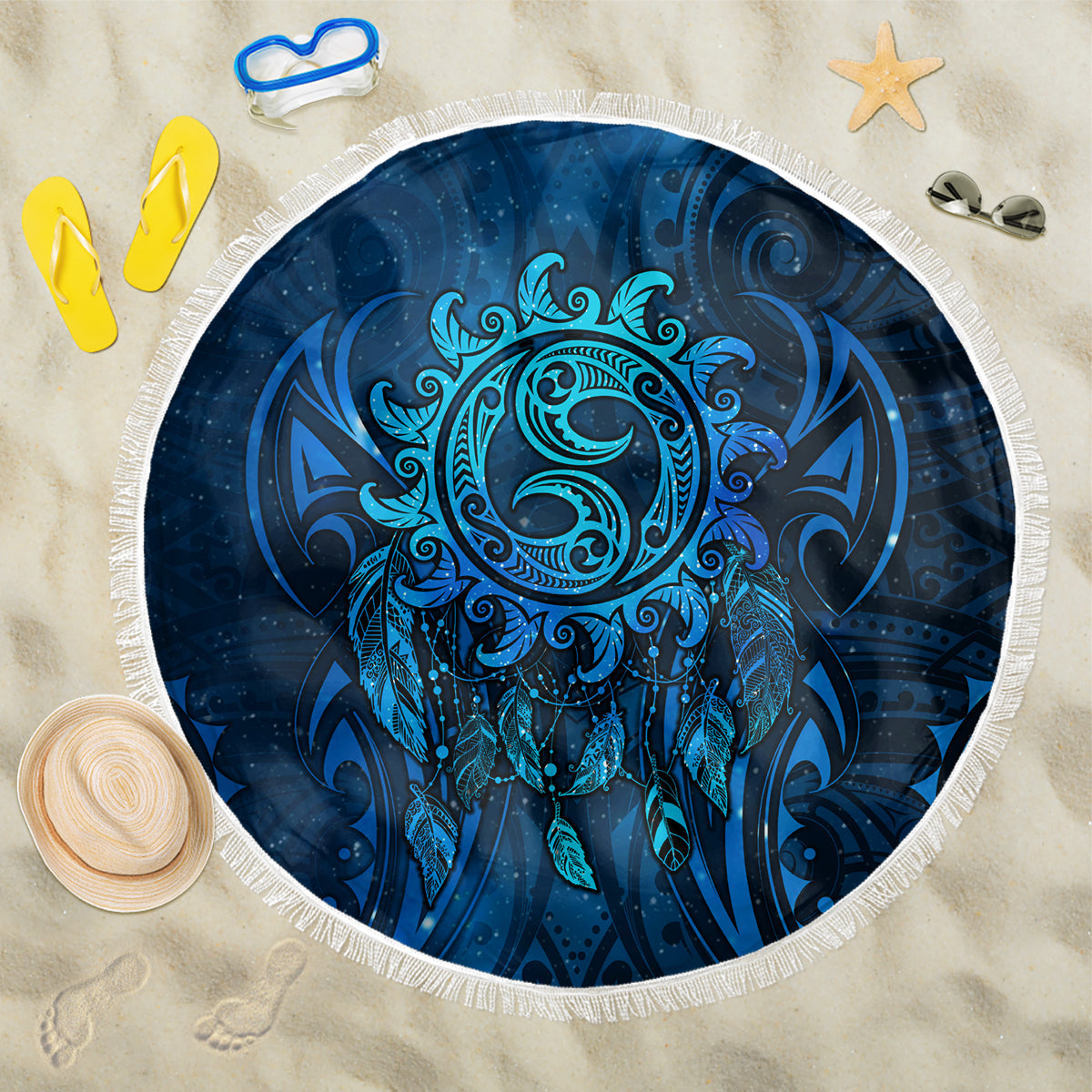 New Zealand Dream Catcher Beach Blanket Maori Koru Pattern Blue Version LT05 One Size 150cm Blue - Polynesian Pride