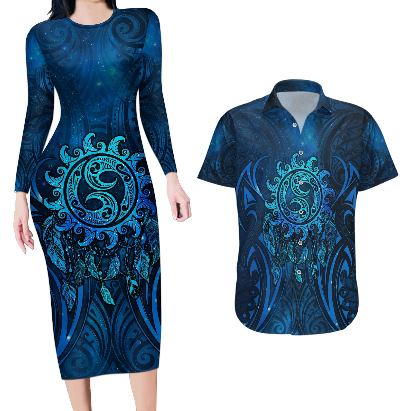 New Zealand Dream Catcher Couples Matching Long Sleeve Bodycon Dress and Hawaiian Shirt Maori Koru Pattern Blue Version LT05 Blue - Polynesian Pride