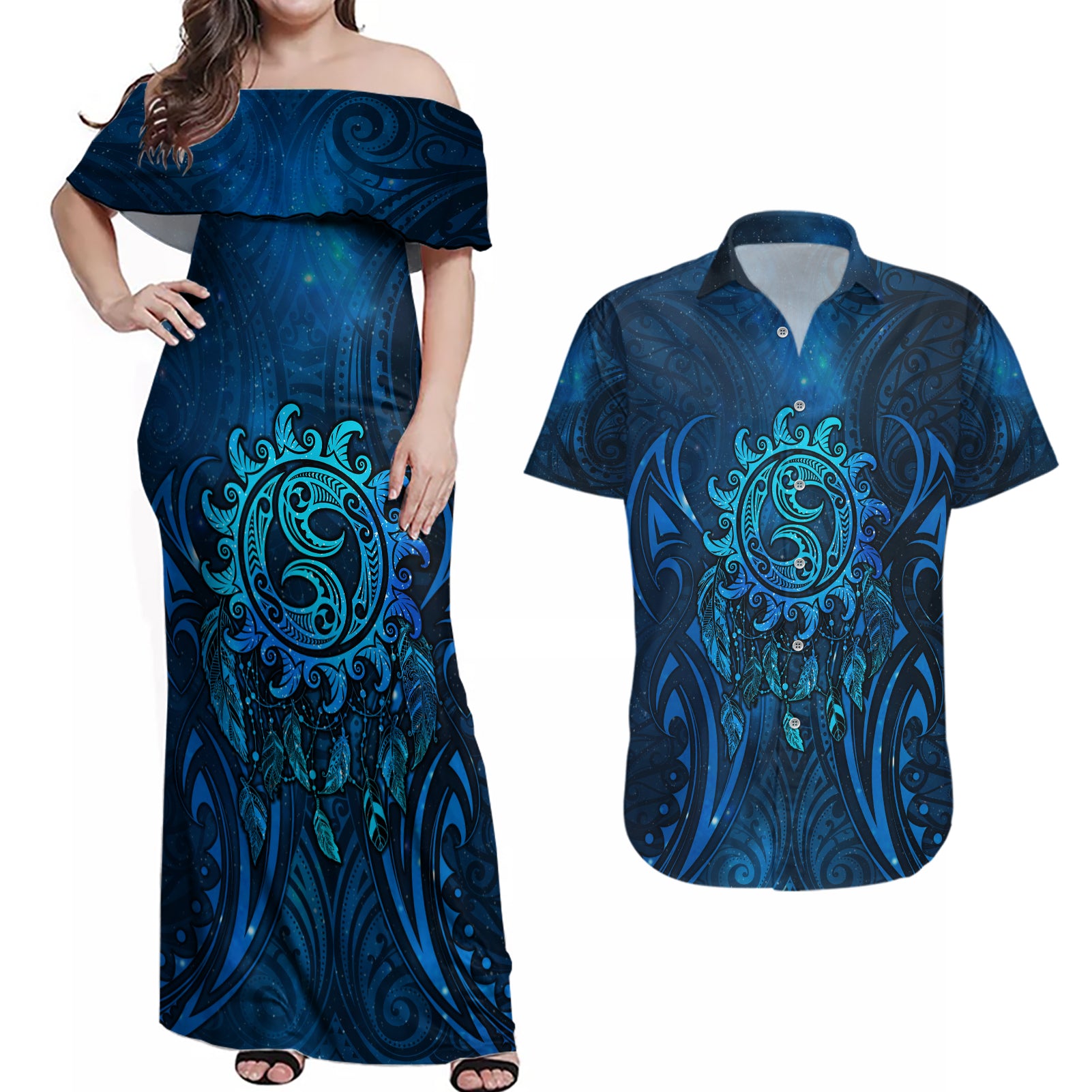 New Zealand Dream Catcher Couples Matching Off Shoulder Maxi Dress and Hawaiian Shirt Maori Koru Pattern Blue Version